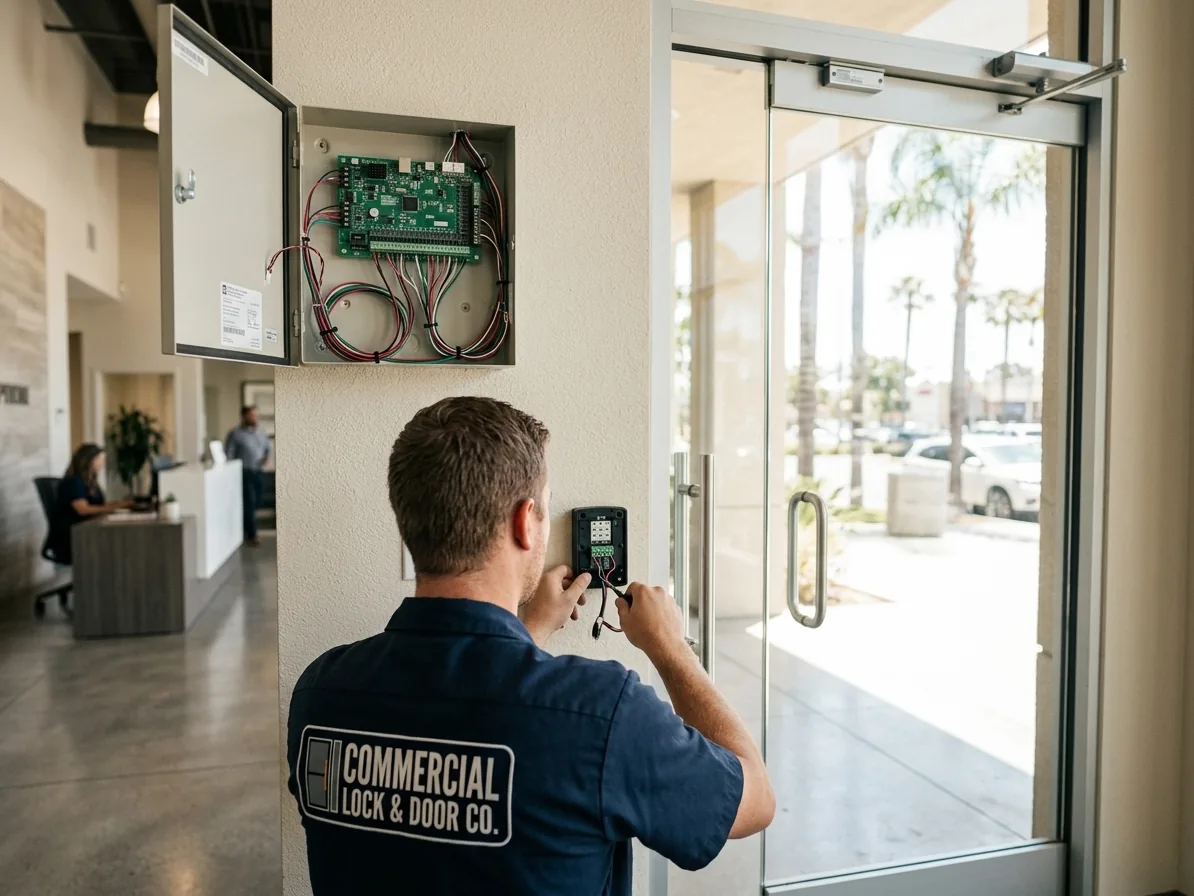 Technician wiring a card reader and door controller at a commercial building entry in San Diego