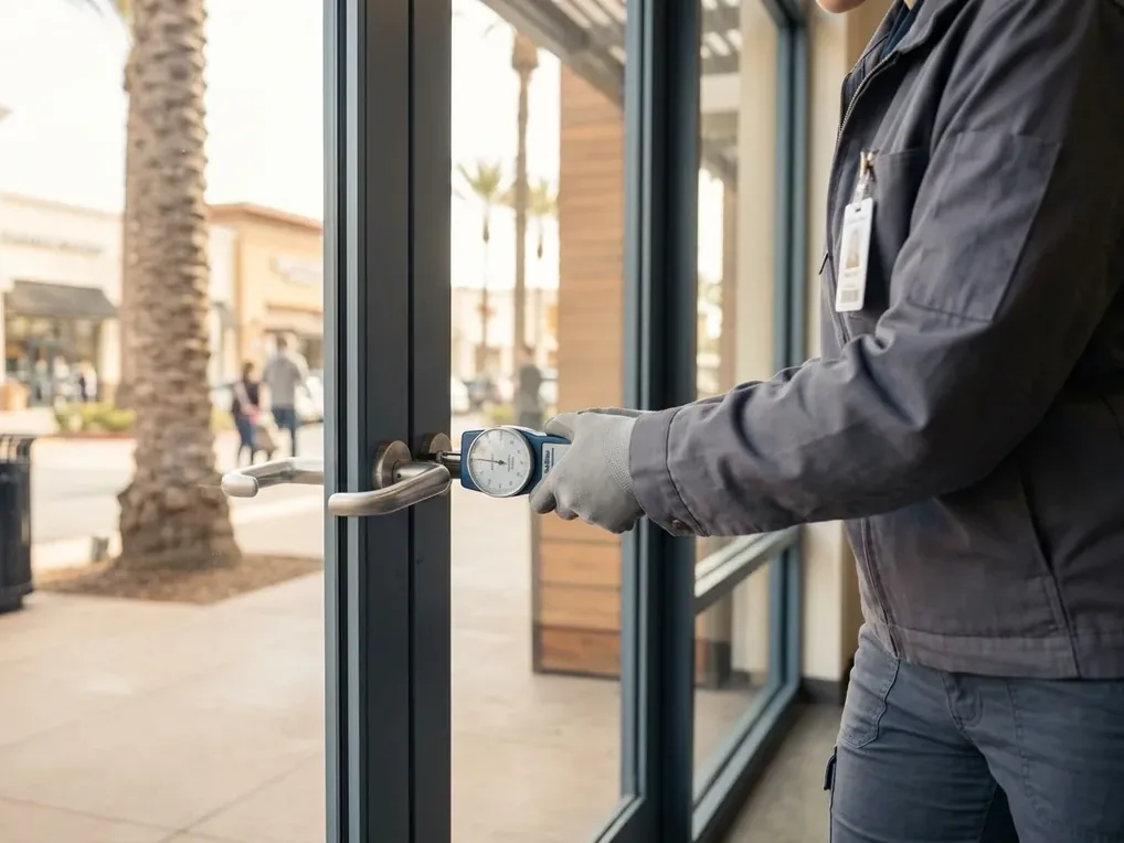 Technician measuring opening force with a gauge on a commercial aluminum storefront door in San Diego