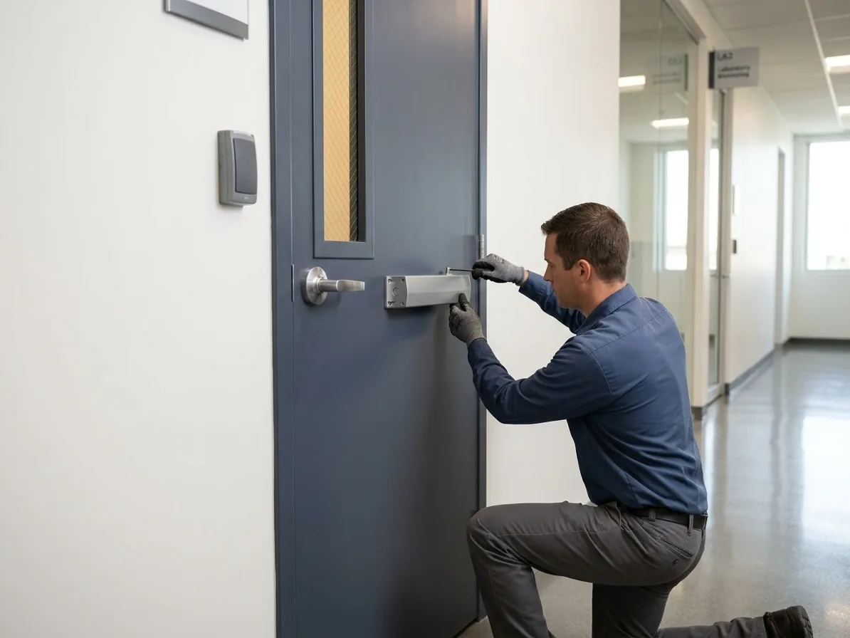 Technician servicing a door closer on a fire rated corridor door in a San Diego biotech lab building