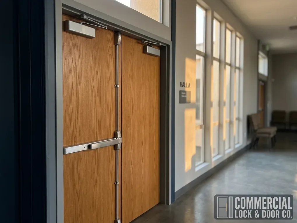 Rim exit device and door closer on a church fellowship hall door in San Diego
