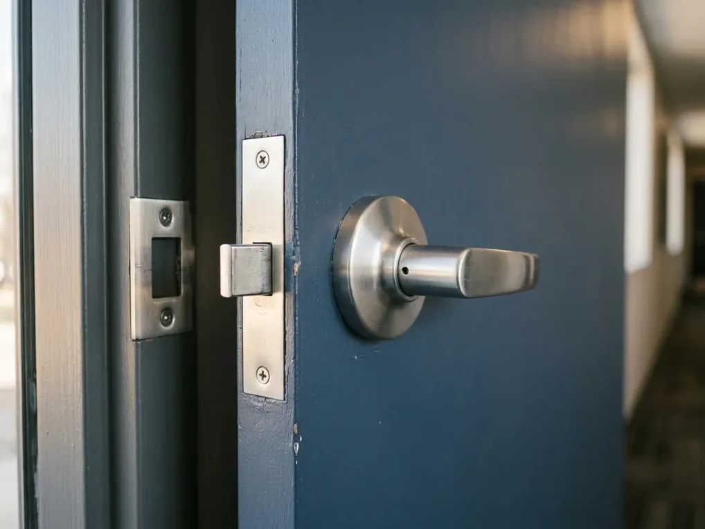 Hardware close-up for commercial door hardware work in San Diego