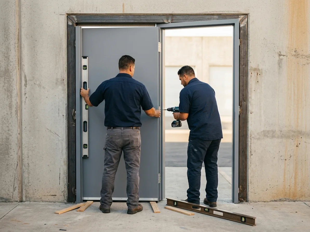 Technicians hanging a new commercial door and frame at a San Diego business park
