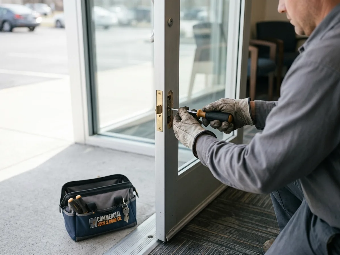 Commercial door technician working on a storefront opening in San Diego