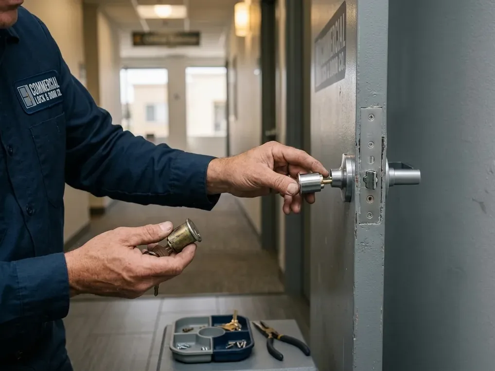 Locksmith replacing a mortise lock cylinder on a hollow metal office door in a San Diego building