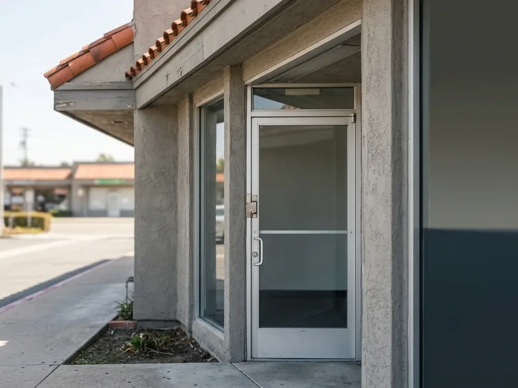 Aluminum storefront entry with deadlatch and overhead closer at a Chula Vista retail center