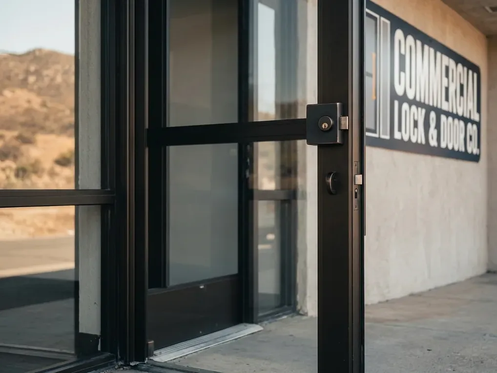 Hollow metal service door with rim exit device on a tilt-up commercial building in El Cajon