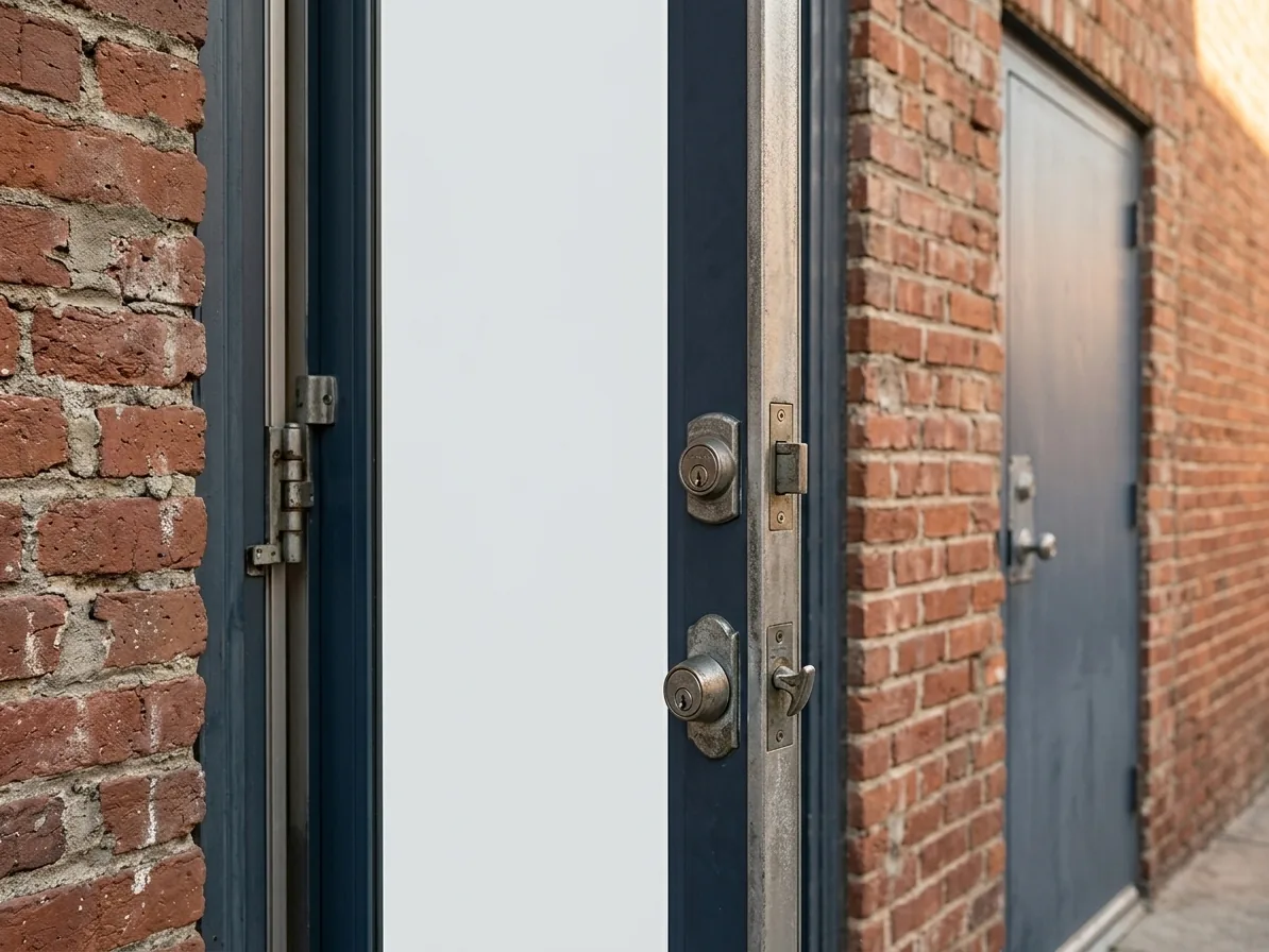 Aluminum storefront entry and hollow metal service door on an older Escondido commercial building