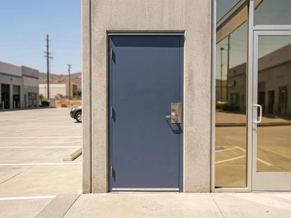 Hollow metal service door and aluminum storefront entry on a tilt-up commercial building in Kearny Mesa