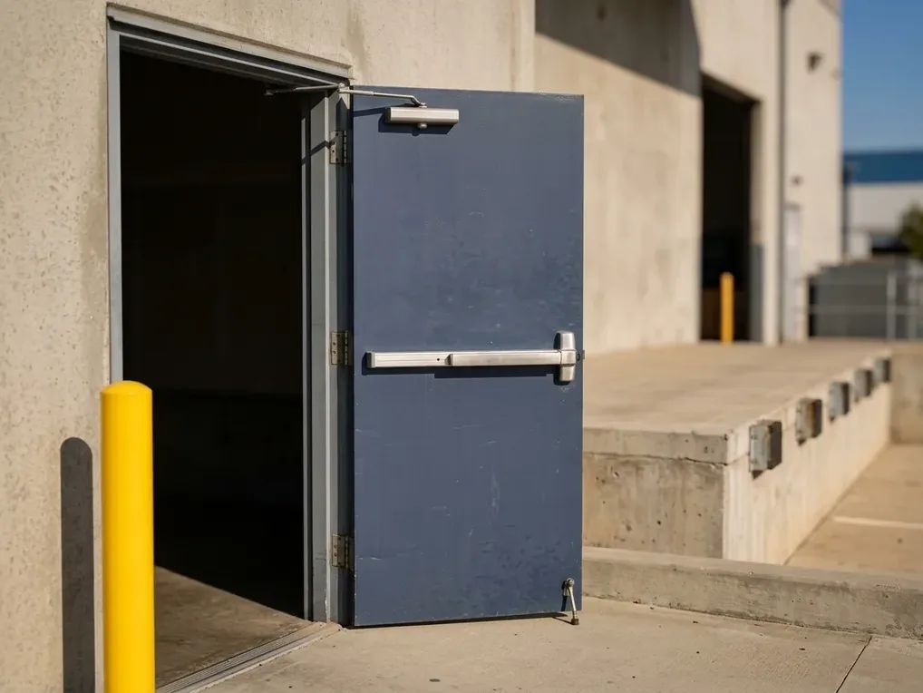 Hollow metal man door with surface closer and rim exit device on a tilt-up warehouse in Miramar, San Diego