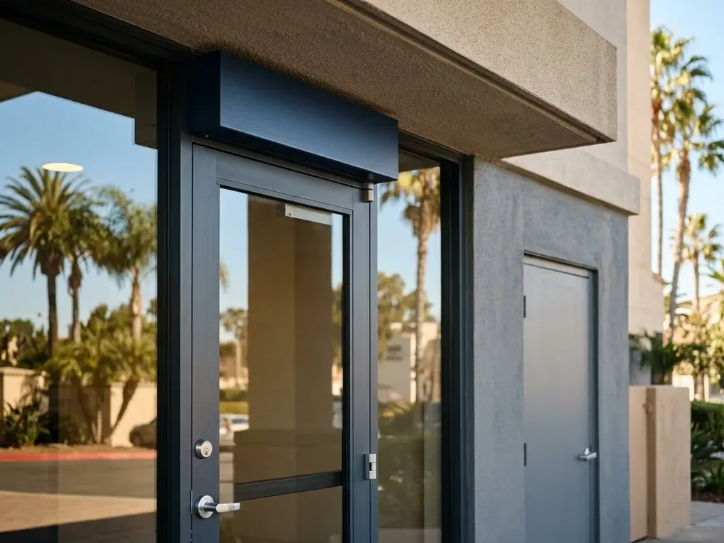Aluminum storefront entry and hollow metal stair door hardware at a Mission Valley commercial property