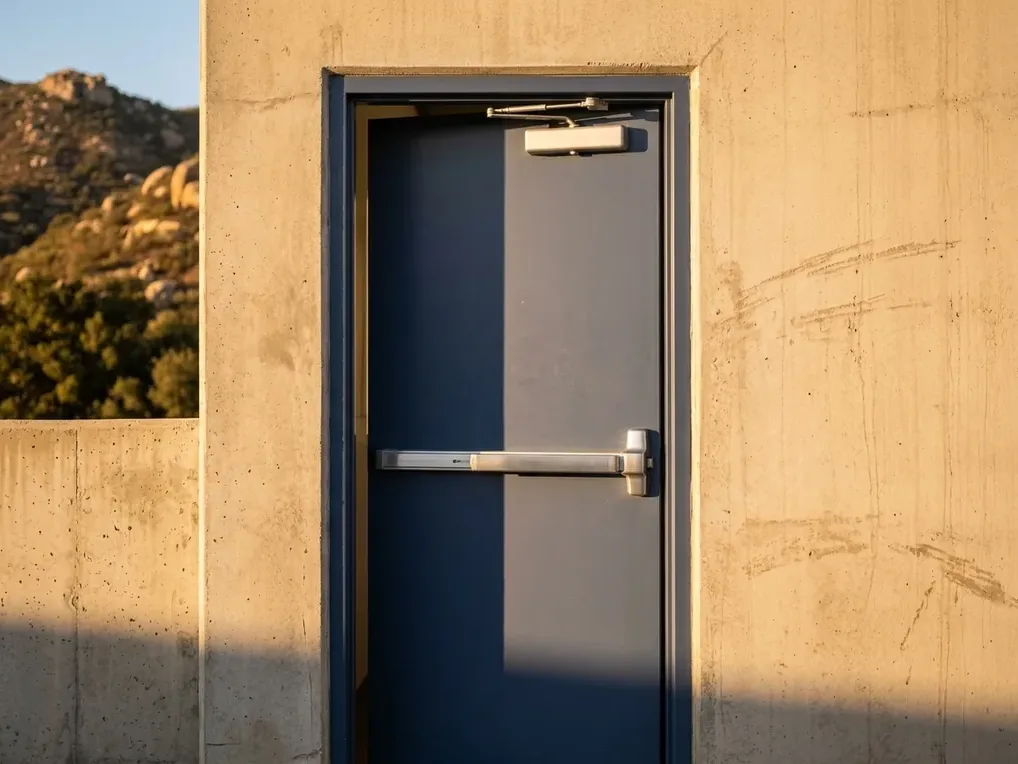 Hollow metal service door with a rim exit device on a tilt-up building in the Poway Business Park
