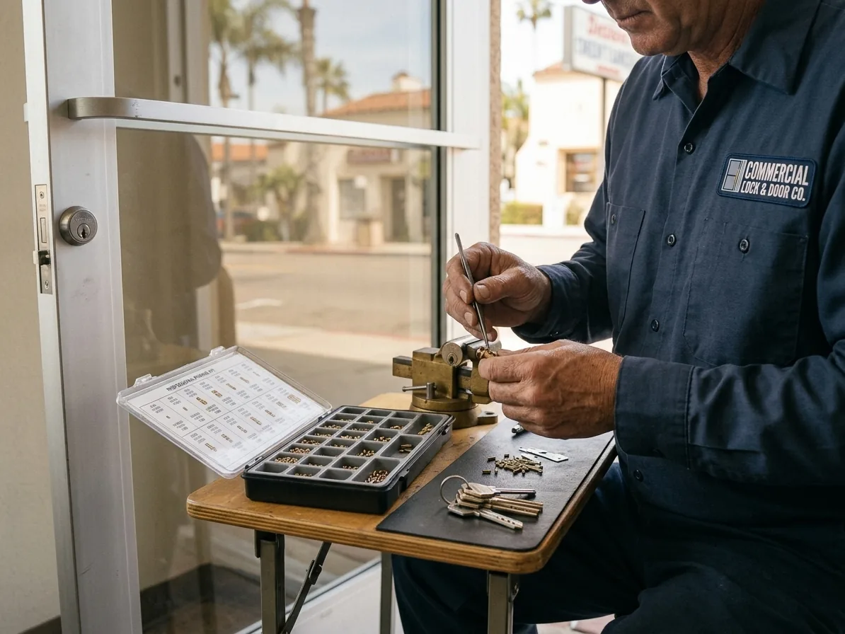 Locksmith repinning a mortise cylinder pulled from a commercial storefront door in San Diego