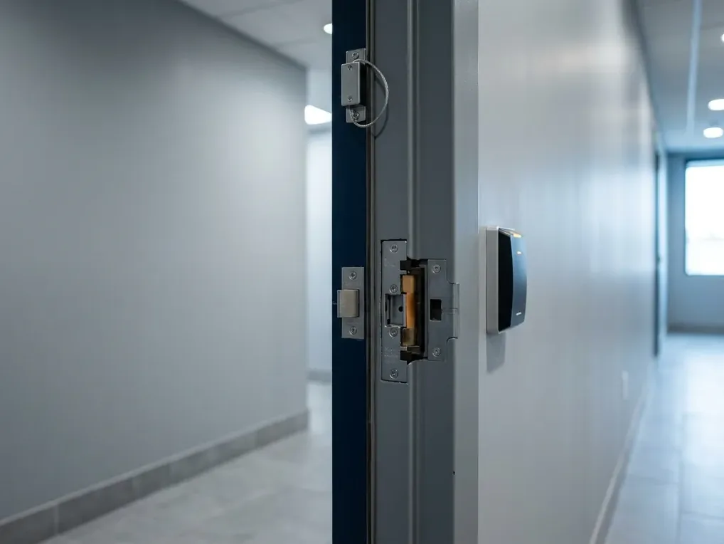 Hollow metal limited access door with electric strike and door position switch in a dispensary back of house