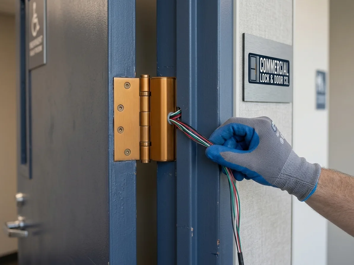 Hardware close-up for electrified door hardware work in San Diego