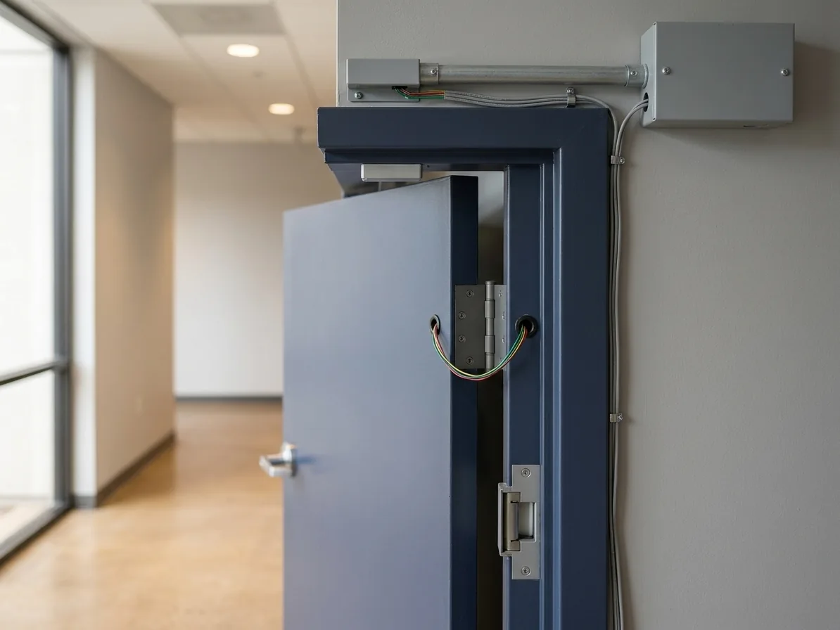 Electric strike and transfer hinge wiring at a hollow metal frame on a commercial office door