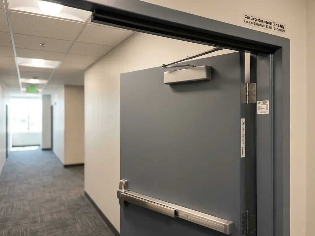 Labeled fire-rated hollow metal door assembly installed in the corridor of a San Diego commercial building