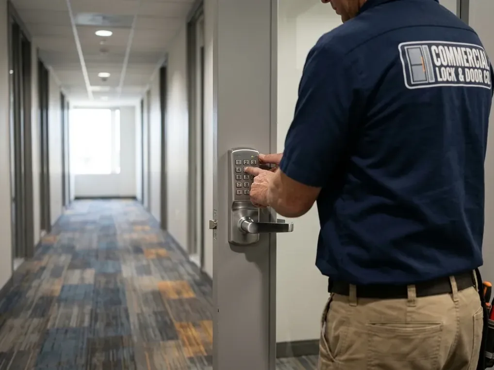 Technician programming a keypad lever lock on a commercial suite door in a San Diego office building