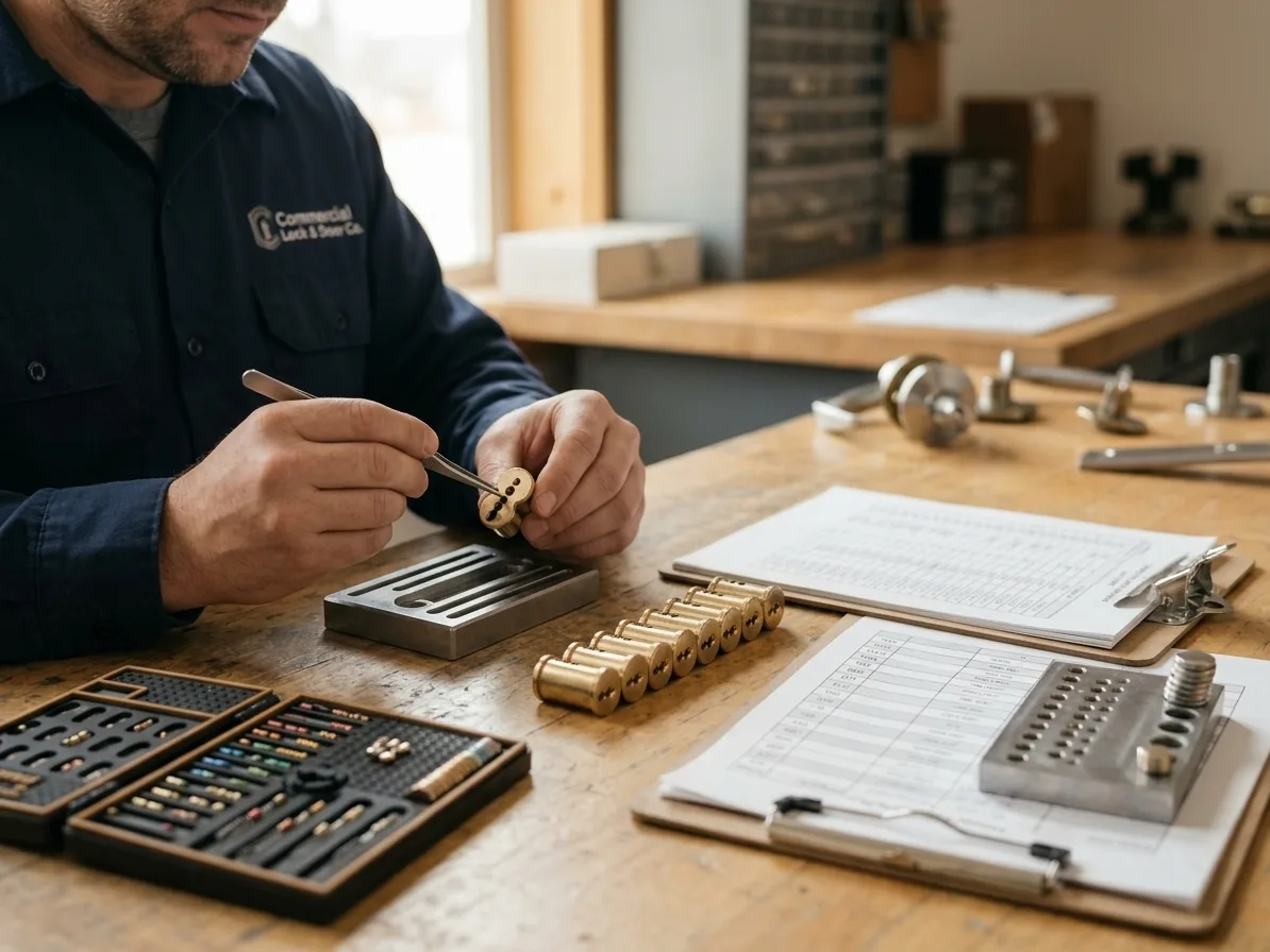 Locksmith pinning interchangeable cores at a bench against a written keying schedule