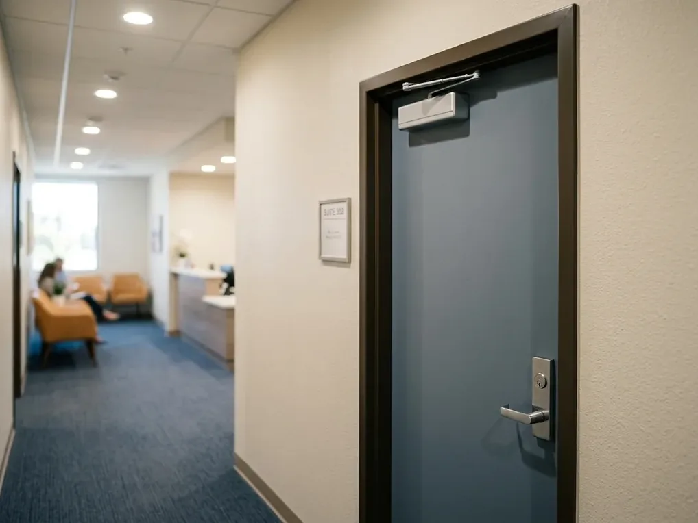 Grade 1 mortise lock and door closer on a medical suite corridor door in San Diego