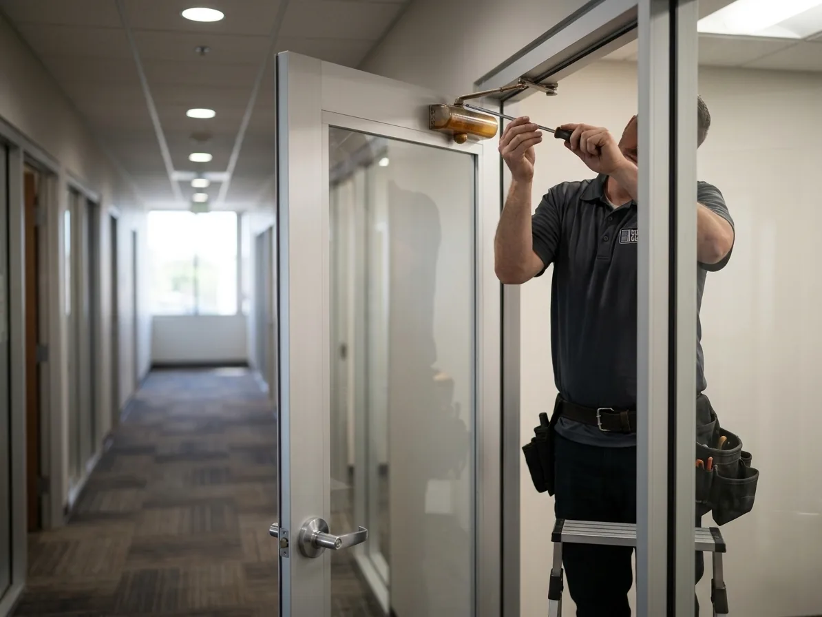 Technician adjusting a door closer on a glass suite entry door in a San Diego office building