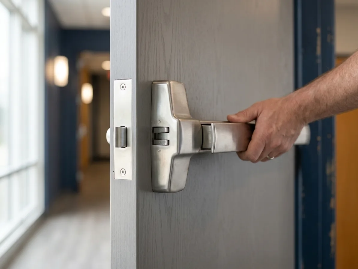 Hardware close-up for panic bars and exit devices work in San Diego