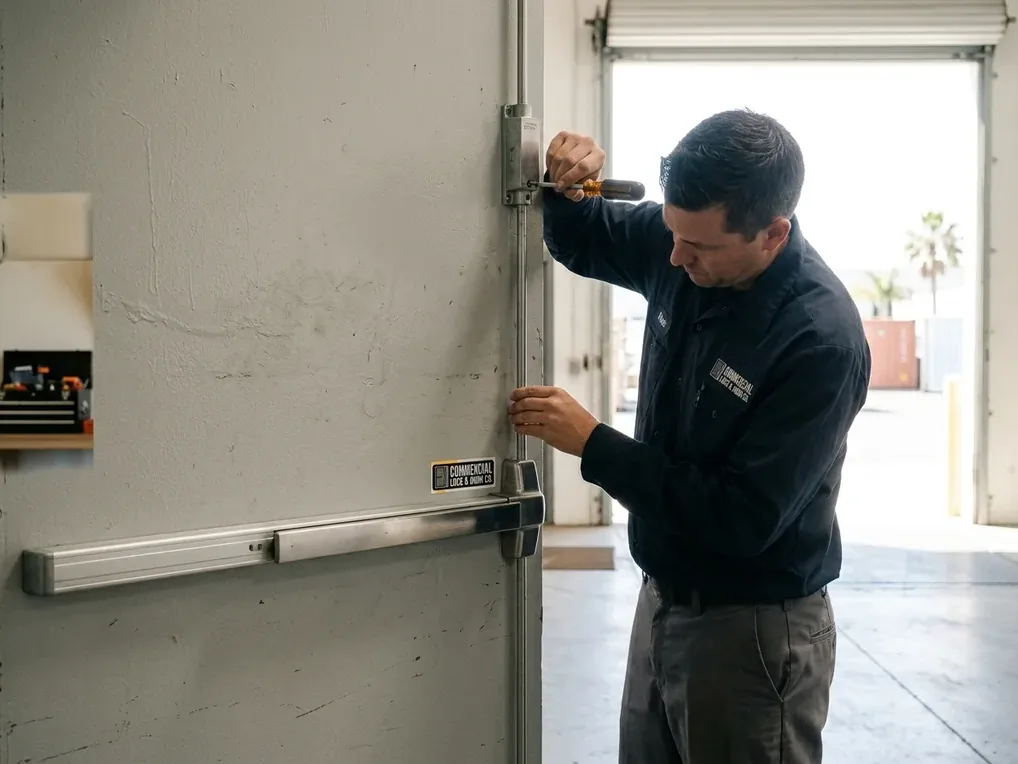 Technician adjusting a surface vertical rod exit device on a commercial hollow metal door