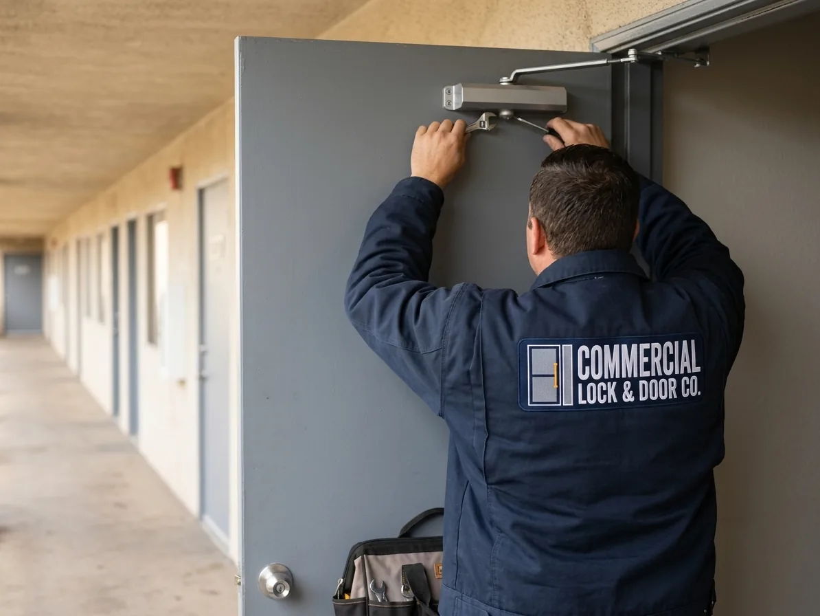 Locksmith adjusting a door closer on a hollow metal corridor door in a San Diego apartment building