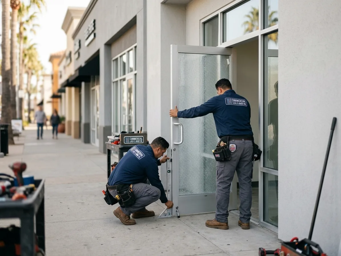 New aluminum storefront entrance door being set into its frame at a San Diego retail center