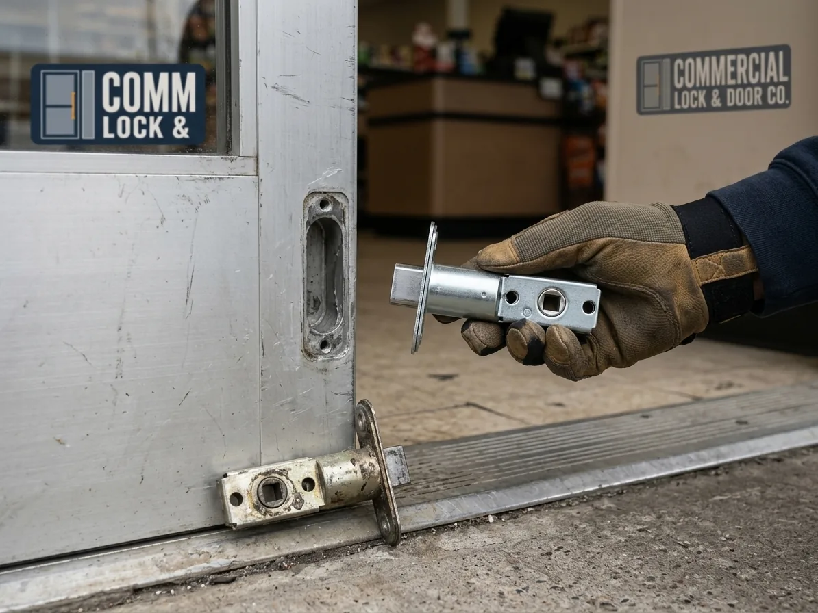 Hardware close-up for storefront door repair work in San Diego