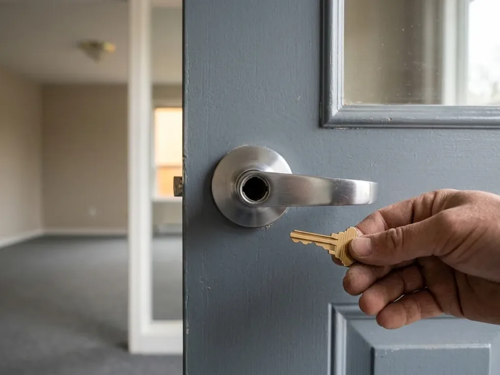 Hardware close-up for tenant turnover lock change work in San Diego