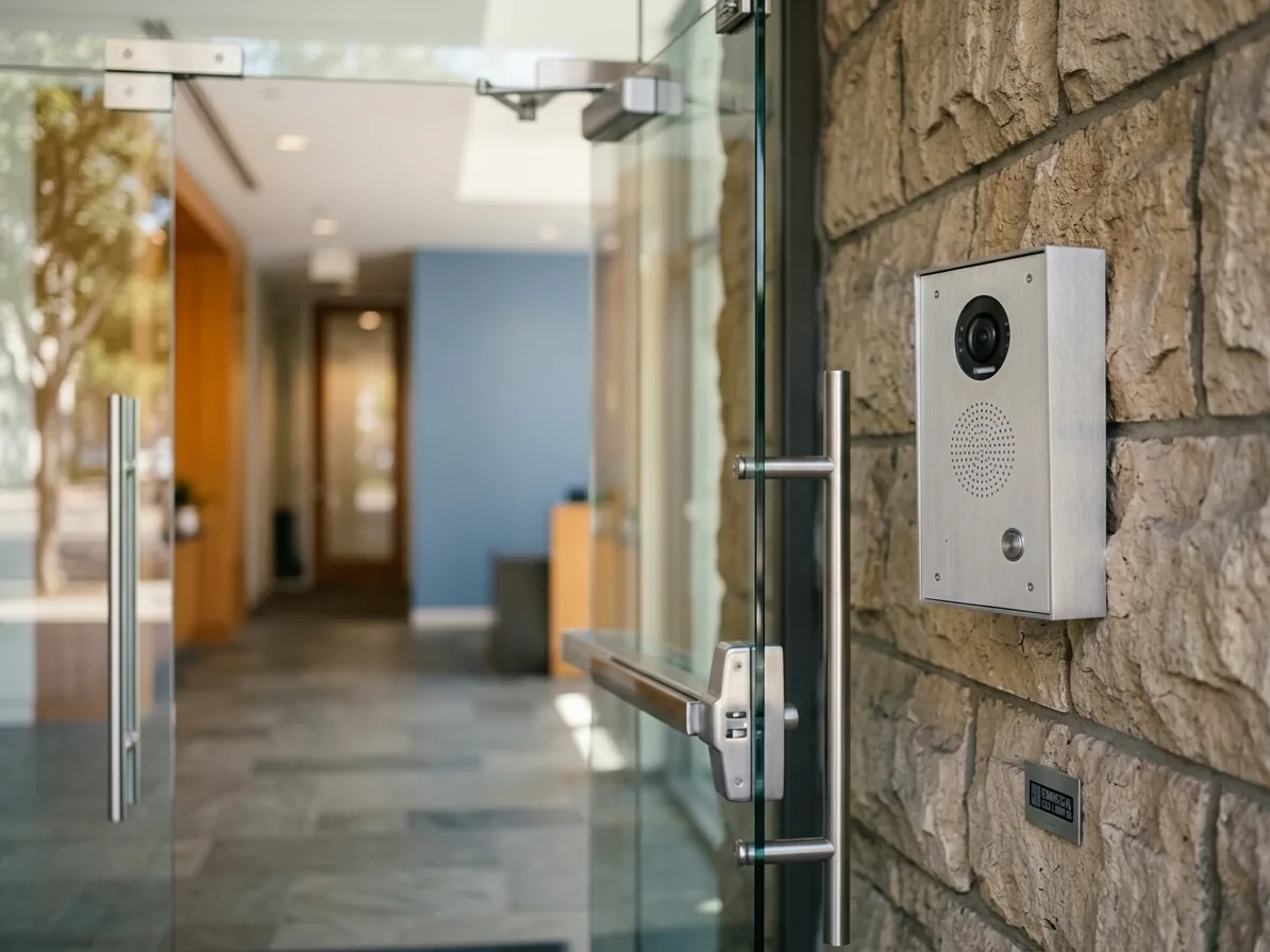 Video intercom entry station mounted beside a glass lobby door at a San Diego office building