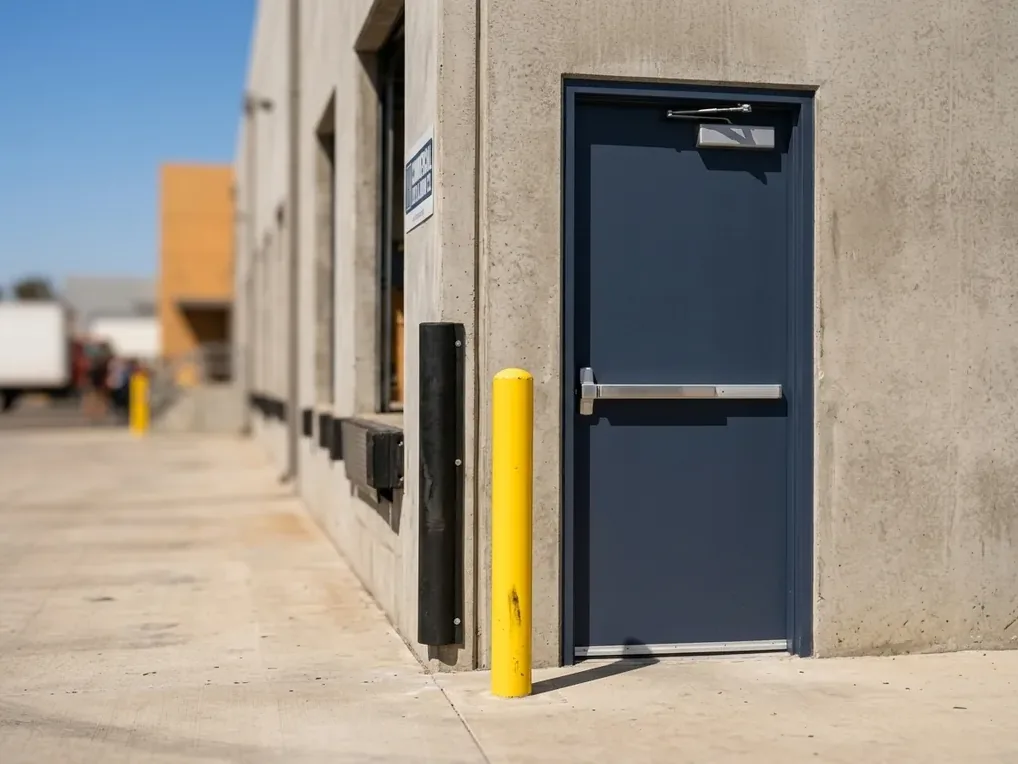 Hollow metal man door with a rim exit device beside a loading dock at a San Diego distribution building